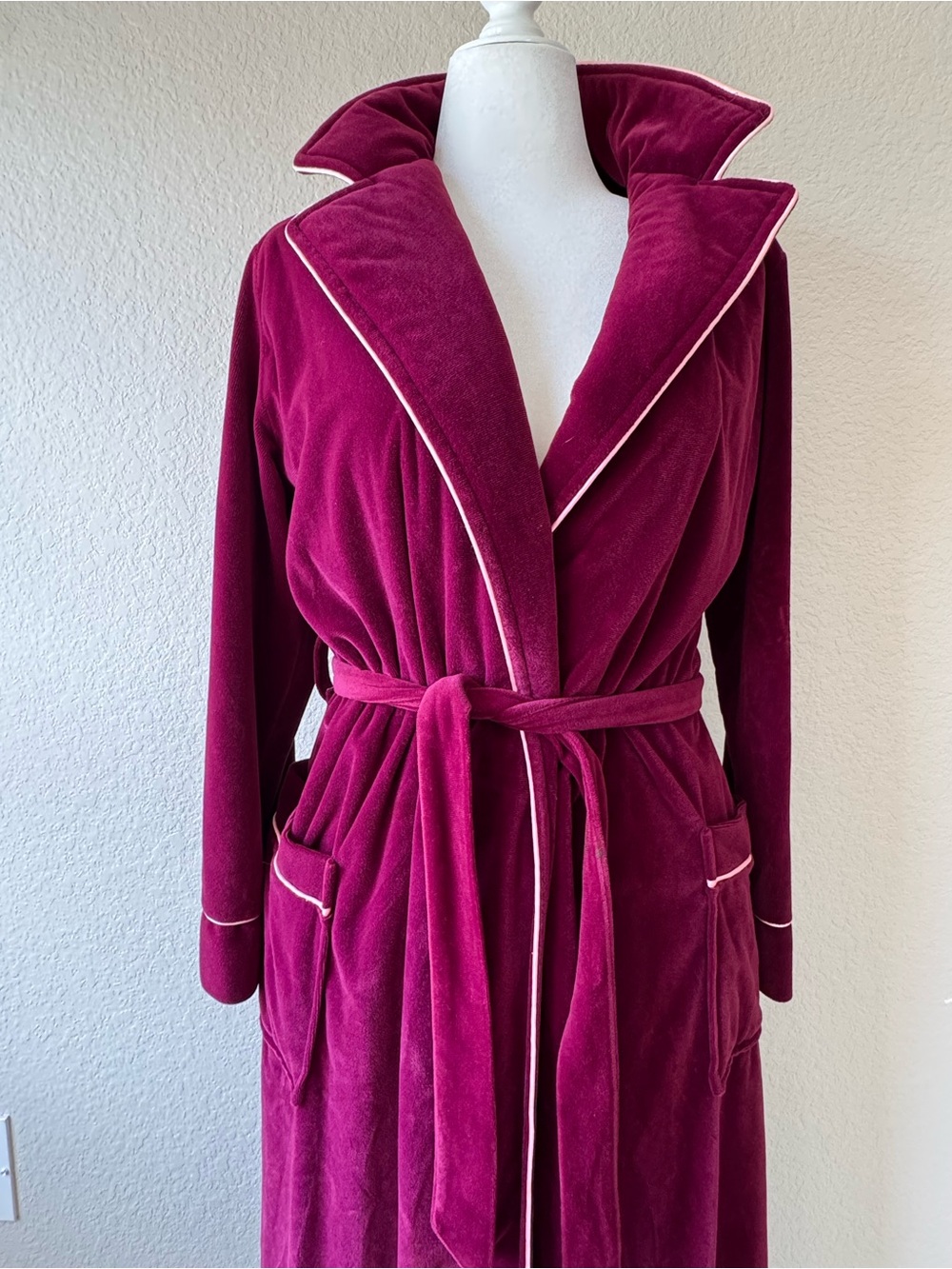 Vintage Pierre Cardin Velvet Robe in Burgundy with White Piping